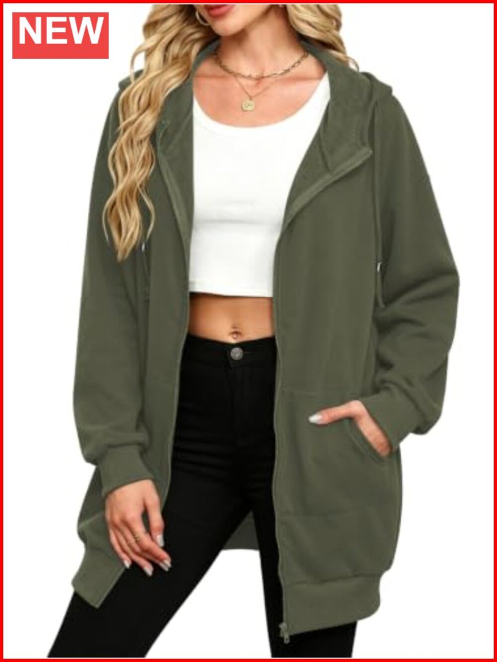 Zip Up Fleece Hoodie Tunic Long Hooded Sweatshirt Jacket Loose Fit